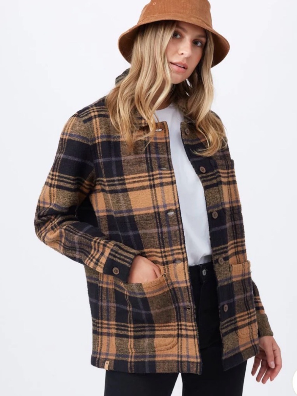 Tentree Women’s Plaid Utility Jacket Shacket Organic Cotton Camel & Black Small